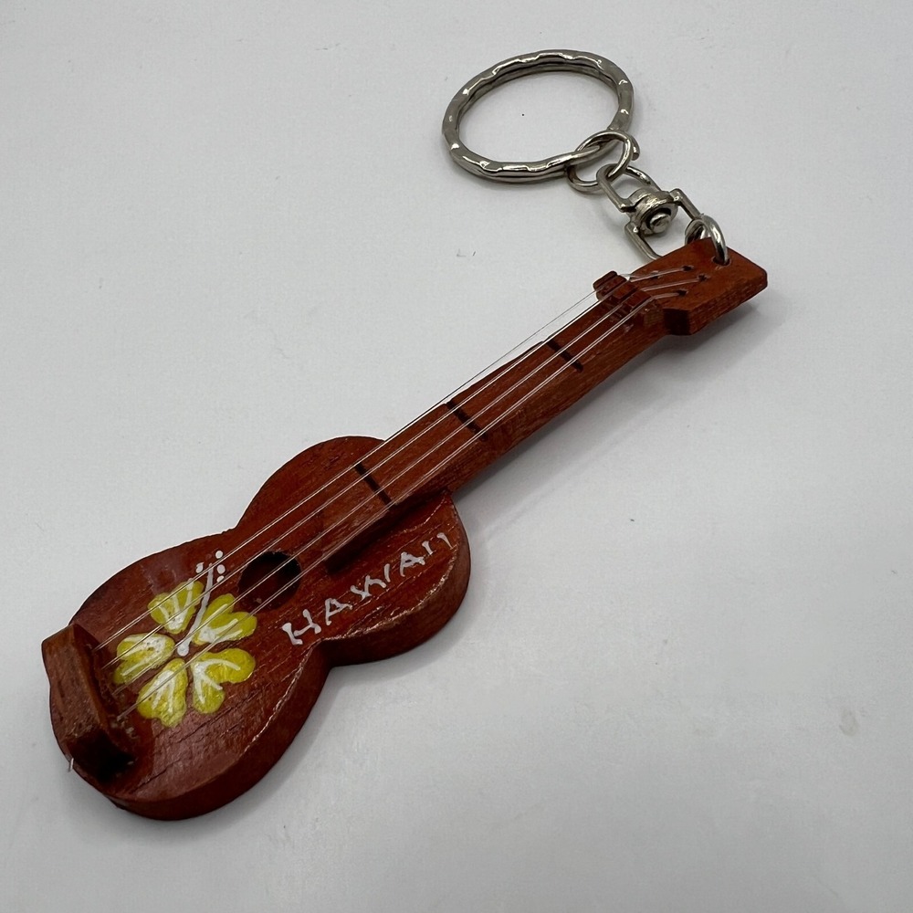 Hawaii Ukalee Keychain Wood‎ with Hibiscus Flower Silver Tone